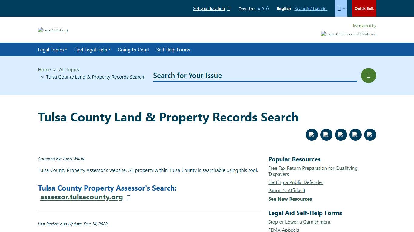 Tulsa County Land & Property Records Search Welcome to Legal Aid Services of Oklahoma's guide to free legal help in Oklahoma.